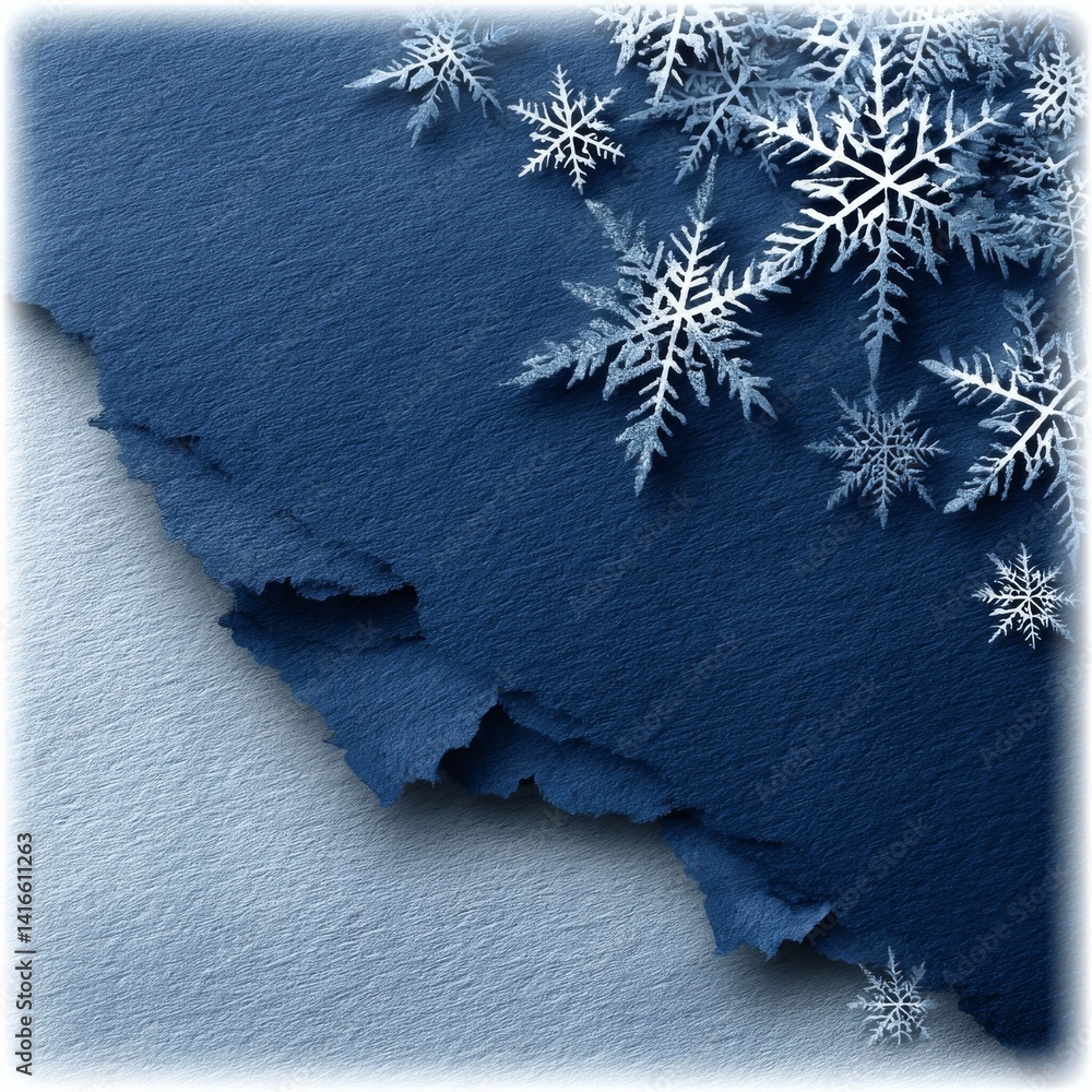 Poster elegant winter: blue textured paper with snowflakes and torn edge abstract design