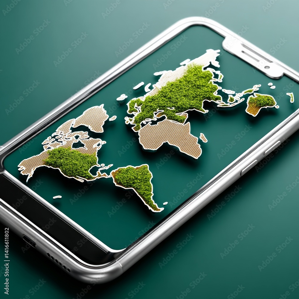Poster go green with technology: a world map displayed on a modern smartphone screen, promoting environment
