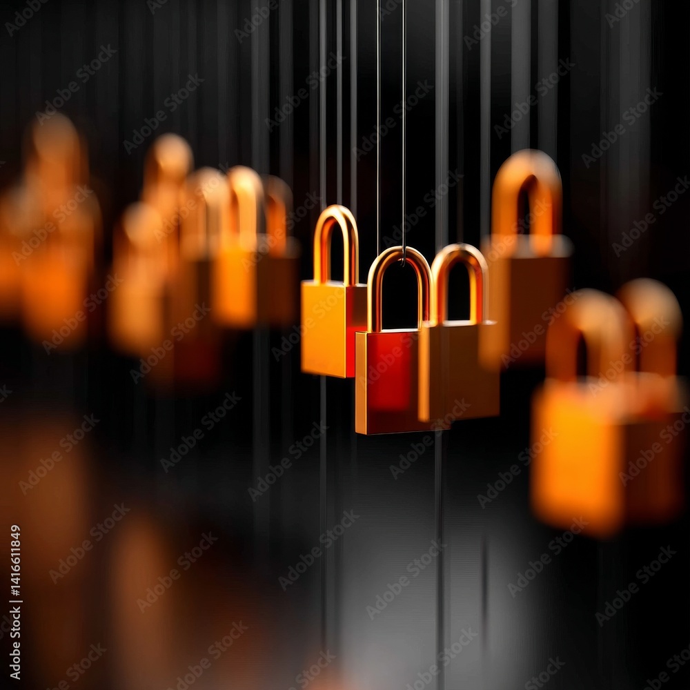 Aufkleber Golden Locks Suspended: An Abstract Security Concept with Depth of Field and Dark Background Accentuated by Vertical Lines