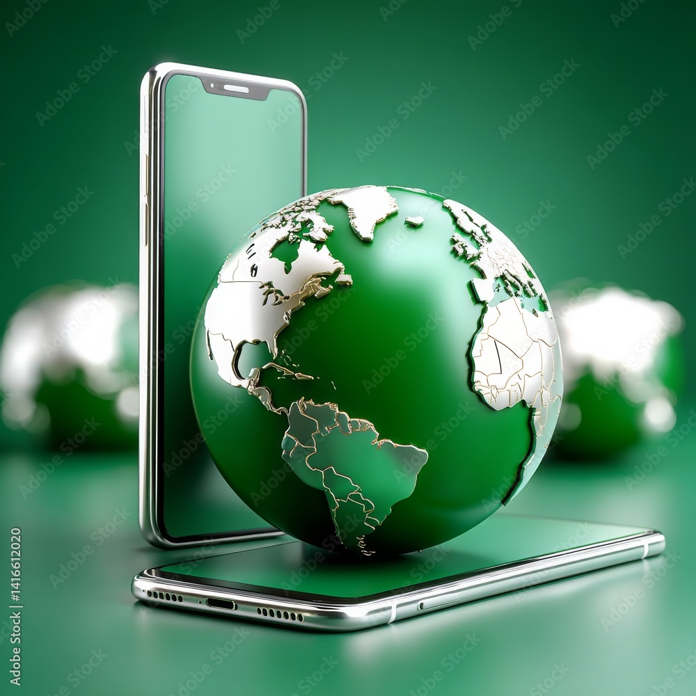 Poster green tech world: globe resting on a modern smartphone with global connections and shiny surface.
