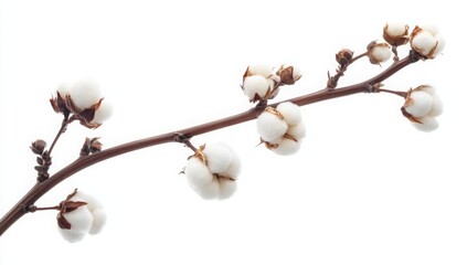 A cotton branch with white flowers on it, isolated against a pure white background