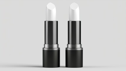 Obraz premium Two elegant white lipsticks stand side by side against a neutral background, their sleek black tubes reflecting sophistication and minimalist beauty for makeup.