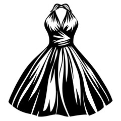 Elegant Black and White Halter Dress with a Full Skirt Illustration