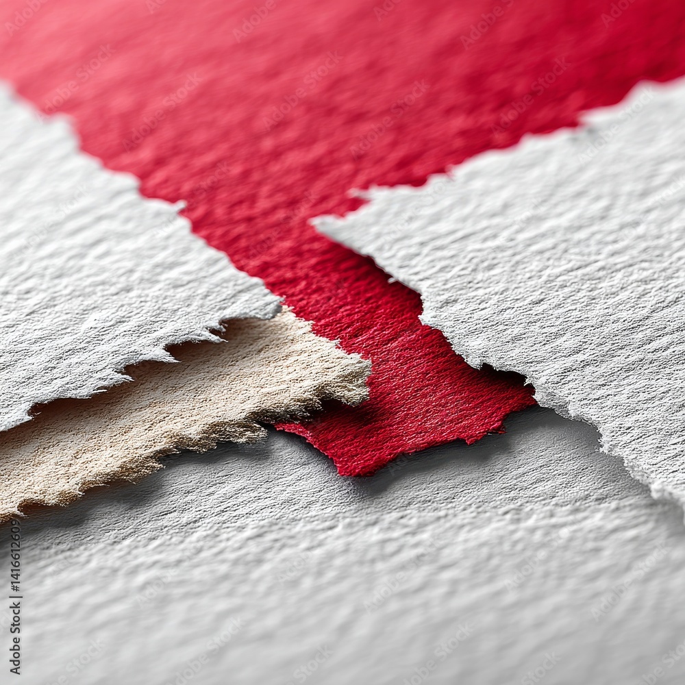 Aufkleber layered paper art: abstract red and white with torn edges in a textured, contrasting composition