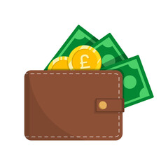 Wallet with pound currency banknote and coins vector illustration isolated on white background. Wallet with cash money.