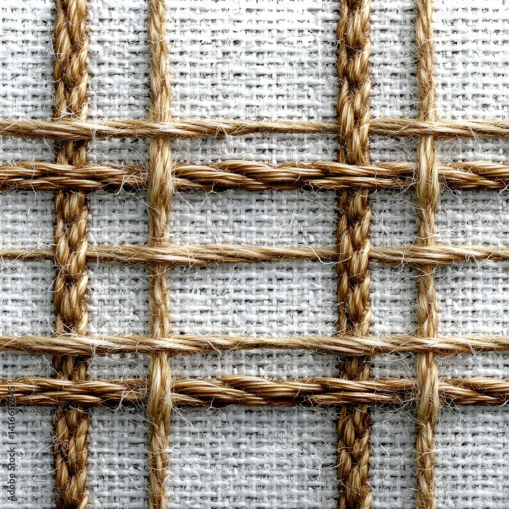 Fototapete Macro Detail of Textured Weave: Close-up Showing Braided Fibers Interlaced on White Fabric, Highlighting the Intricate Pattern.