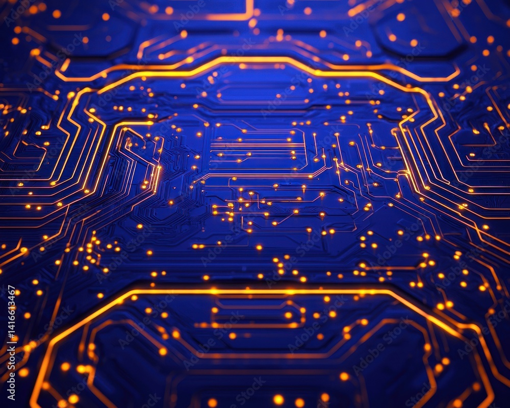 Poster abstract circuit board design showcases intricate pathways and glowing connections on a vibrant blue