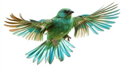 Obraz premium A highly detailed blue and green bird in flight, full body, on a white background