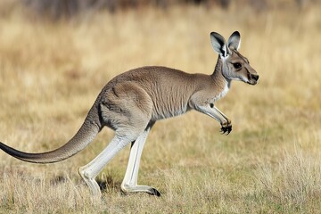 A long-legged kangaroo hopping swiftly across the open land