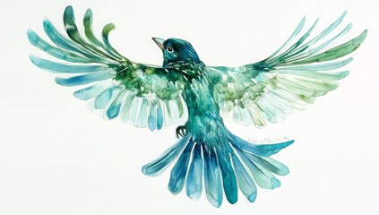 Fototapeta premium A highly detailed blue and green bird in flight, full body, on a white background