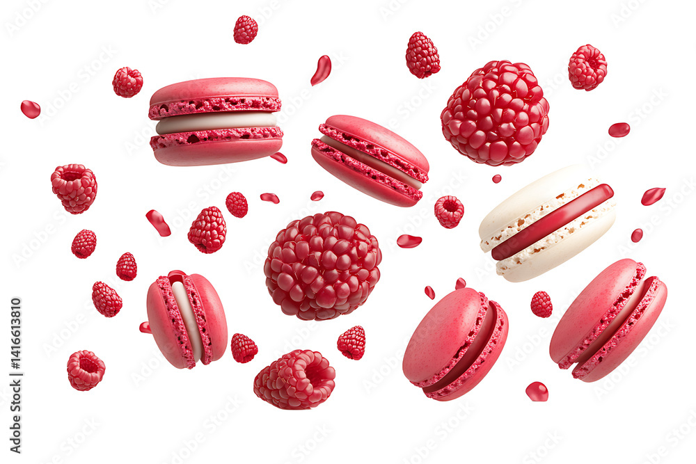 Poster floating macarons and raspberries on a black background creating a sweet and colorful scene