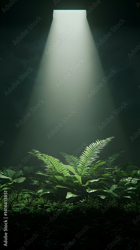 Poster illuminated fern in dark forest. mysterious, moody image of lush ferns lit by a single light source.