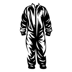 Monochrome illustration of a full body protective suit in black and white