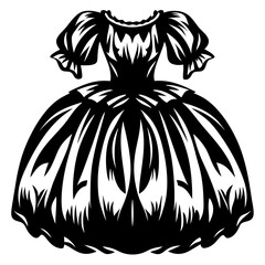 Elegant black and white gown with puffed sleeves and full skirt design