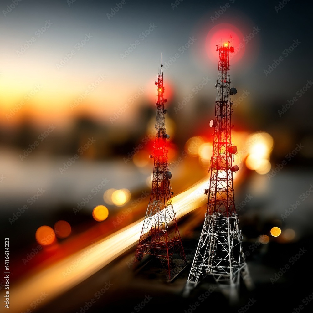 Poster telecommunication towers at dusk with streaks of light and glowing red warning lights, signaling the