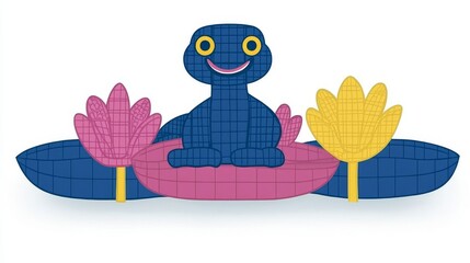 Obraz premium Pixelated sea creature with vibrant lotus flower accents, embodying childlike wonder and a playful representation of nature's whimsical beauty