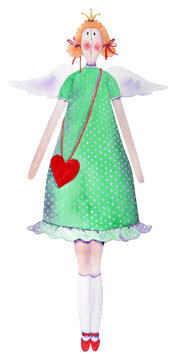 Watercolor angel girl, in green dress and red heart-shaped purse. Princess tilda doll, hand drawn png illustration with transparent background. Nursery poster, print, artwork