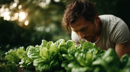 Obraz premium Man Harvesting Fresh Green Lettuce at Sunrise Farm