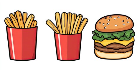 Cartoon illustration of a double cheeseburger and two servings of french fries in red containers