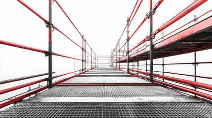 Fototapeta premium Scaffolding structure viewed from ground level with a minimalistic design and white background highlighting the construction site