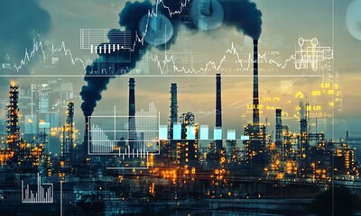double exposure of an industrial cityscape with smokestacks and factories overlaid with rising economic graphs and money symbols - Powered by Adobe
