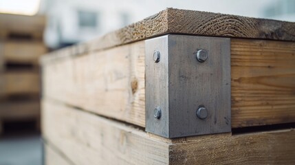 Close-up view of metal bracket fastening wooden planks in a construction setting during daylight hours