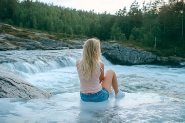 Fototapeta premium Contemplation by the Rapids: A woman sits at the edge of a roaring river, hair flowing free, she takes in the raw power and natural beauty of the rushing water, finding solace in the outdoors.