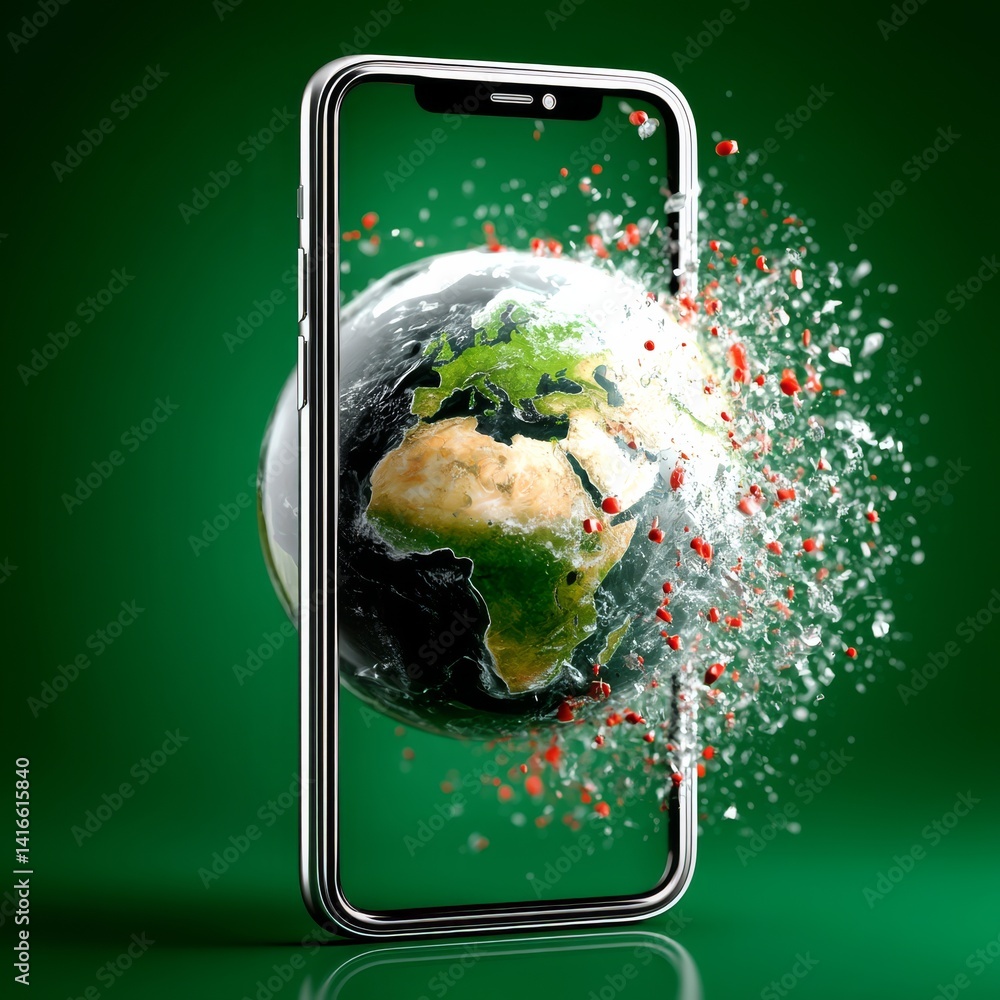 Poster the earth shattered: a smartphone displaying a world breaking apart on a green background shows frag