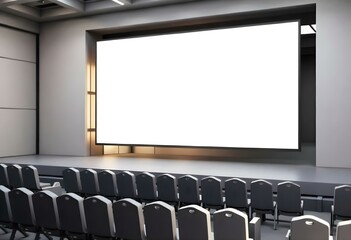 Obraz premium A blank white screen on a stage with rows of chairs, the background is a modern auditorium