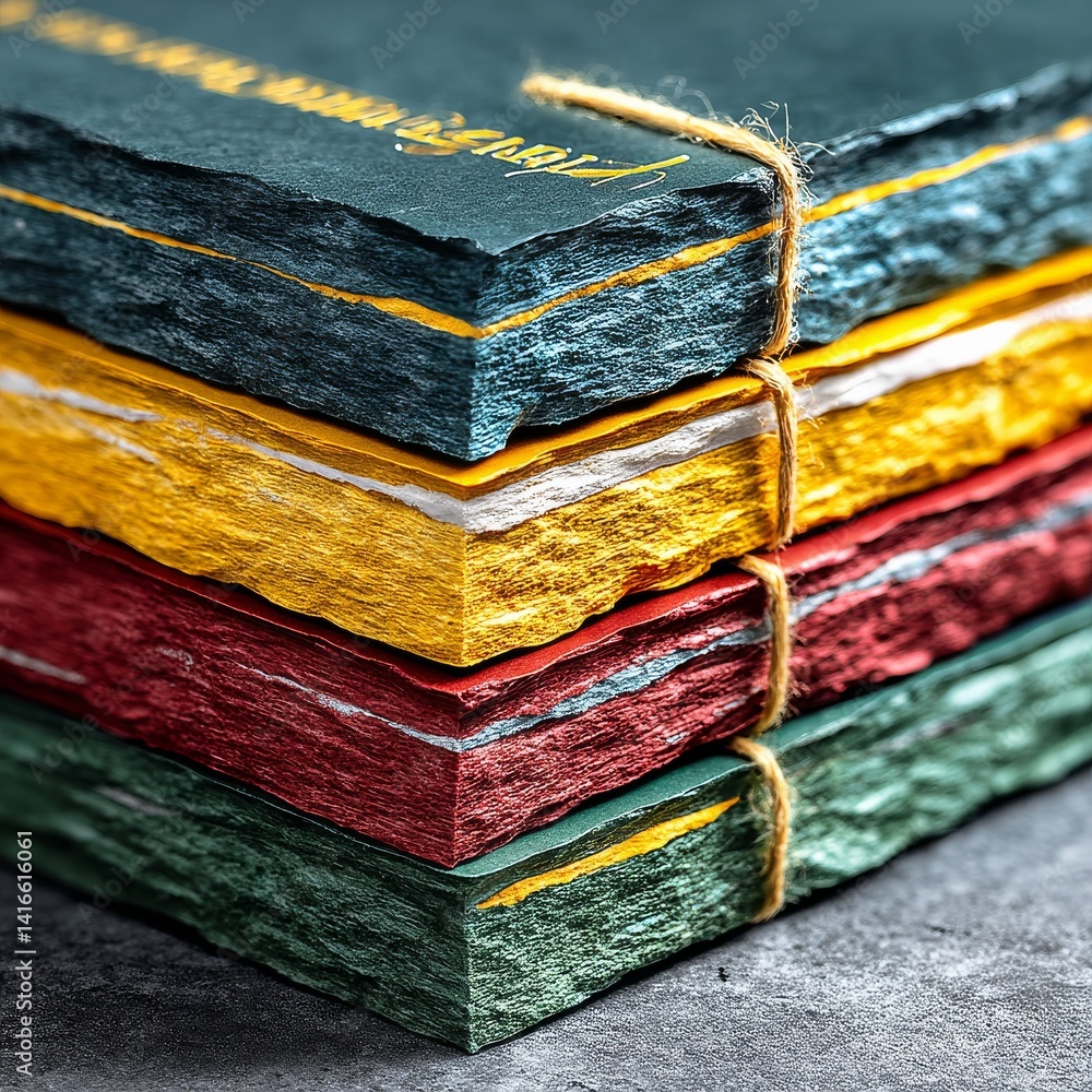 Poster vibrant handmade paper stack: a close-up of colorful art paper bound with twine for creative project