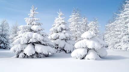 Fototapeta premium Winter wonderland scene with snow-covered trees. A pristine winter landscape, featuring several evergreen trees heavily laden with snow, set against a bright, clear blue sky. 