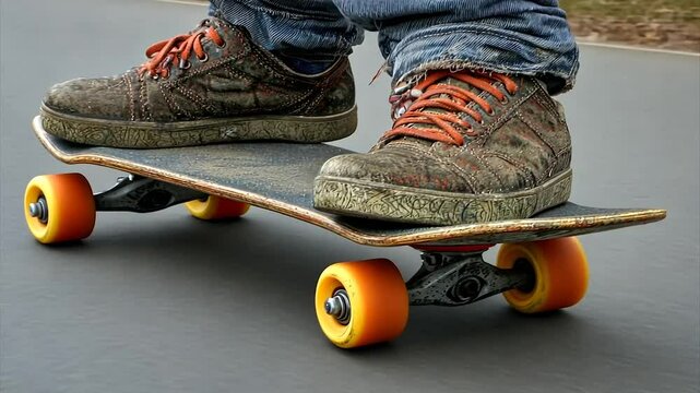 Dirty skate shoes on a worn skateboard