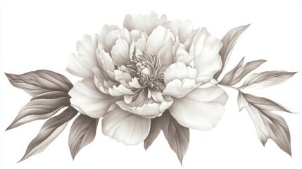 Obraz premium A peony flower with leaves, drawn in a pencil style on a white background
