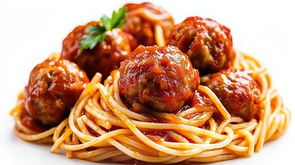 Isolated on white, classic American spaghetti and meatballs with rustic tomato sauce in vibrant color tones, photorealistic style