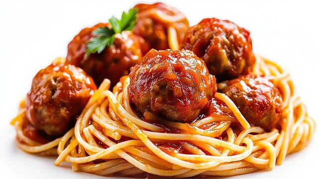Isolated on white, classic American spaghetti and meatballs with rustic tomato sauce in vibrant color tones, photorealistic style
