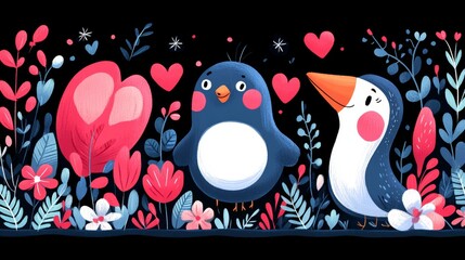 Fototapeta premium Playful pixelated penguin pair artwork with hearts and floral accents ideal for valentine's themed graphics or whimsical animal illustrations art print