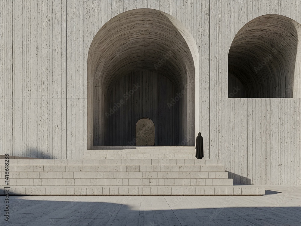 Poster a lone figure in a black robe stands before a modern architectural structure featuring multiple arch