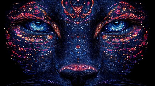 Mystical feline aura a radiant big cat portrait with glowing neon speckles and a mesmerizing gaze conveying allure and cosmic wonder 109 characters