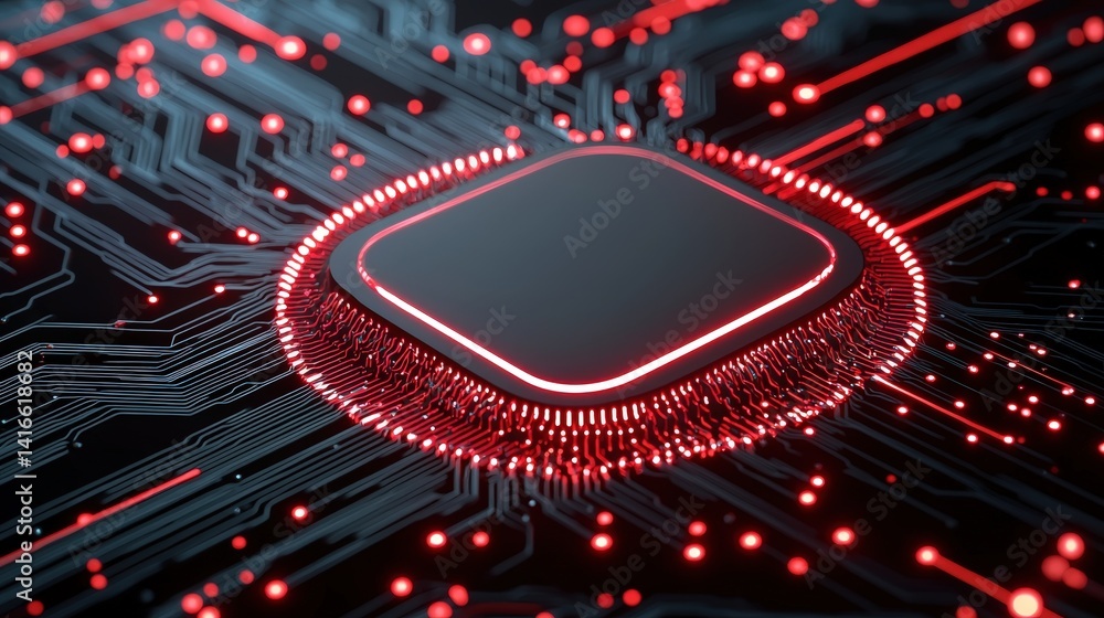 Poster red illuminated microchip on a black circuit board background