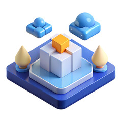 Obraz premium 3d isometric cubes on blue platform with yellow shapes