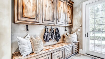 stylish mudroom design: custom cabinetry, coat hooks, and bench for practicality - perfect wall art poster for sporty interiors