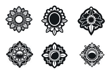 Collection of six intricate floral emblems or designs in black and white