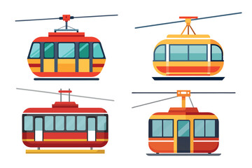 Four uniquely colored cable car gondolas isolated against a white background illustration