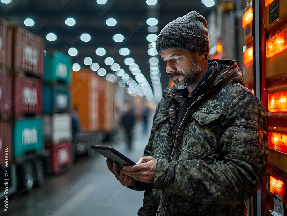 Poster truck driver using mobile device in busy distribution hub