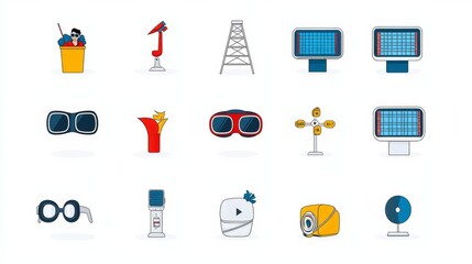 A modern collection of 15 movie themed linear icons featuring various cinema and media equipment