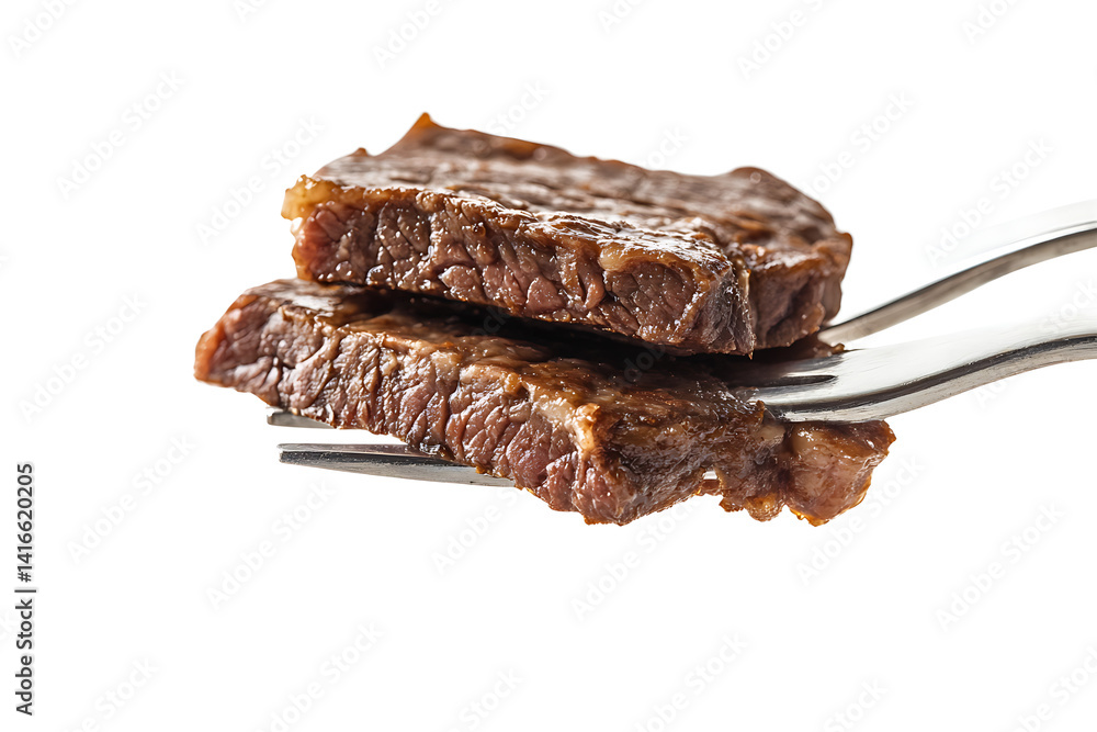 Poster two slices of cooked meat stacked on a fork against a black background in a close up shot view
