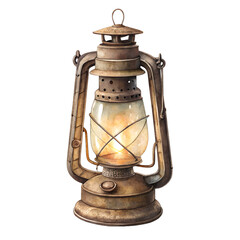 Watercolor old oil lamp . lantern with glowing light inside on isolated transparent background