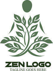 Zen Vector Logo Icon for Wellness and Meditation, Green Leaf Nature Design, Spa and Relaxation Branding, Minimalist Symbol,yoga,illustration