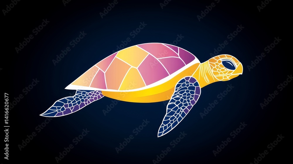 Poster Pixelated sea turtle artwork shimmering in the dark ocean depths its colorful shell displaying a unique geometric pattern inviting exploration of the aquatic realm