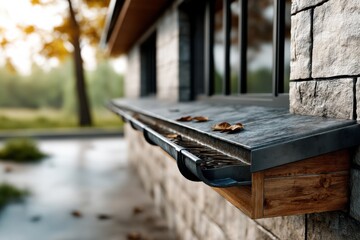 Obraz premium Autumn leaves rest on a rustic window ledge of a stone house in a tranquil forest setting during the golden hour